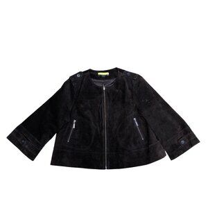 ASHLEY B Bernardo Leather Suede Jacket Women's LARGE Coat Black Full Zip Wide‌‌